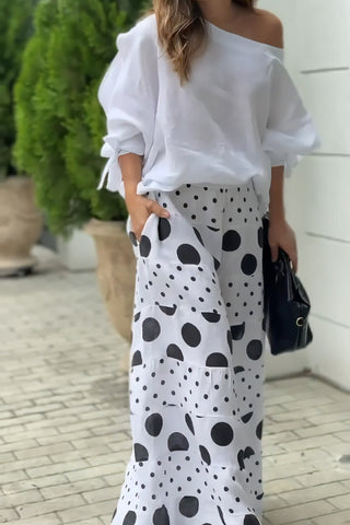 Off-shoulder bow cuff top with printed wide-leg pants set