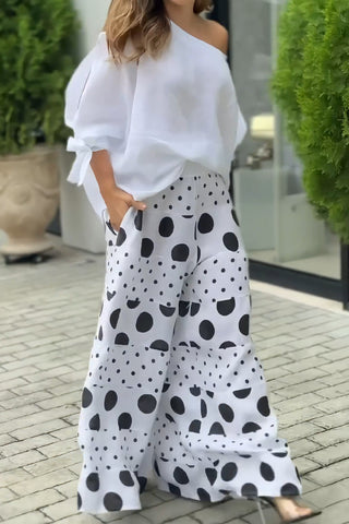 Off-shoulder bow cuff top with printed wide-leg pants set