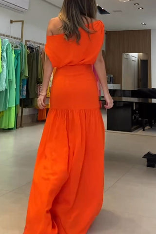 Slant collar off-shoulder waist slit solid color maxi dress