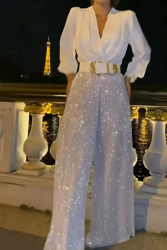 V-neck long-sleeved shirt and waist-hugging sequined French wide-leg pants set