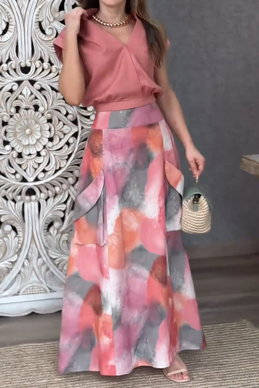 Wide Sleeve Shirt and Watercolor Print High Waist Drape Pocket Maxi Skirt Set