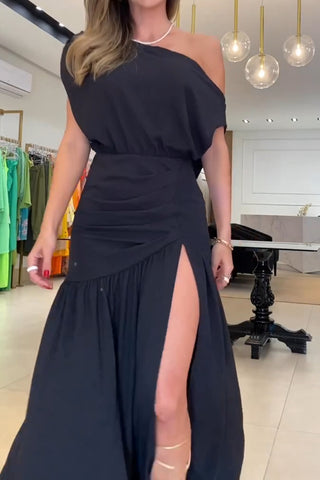 Slant collar off-shoulder waist slit solid color maxi dress