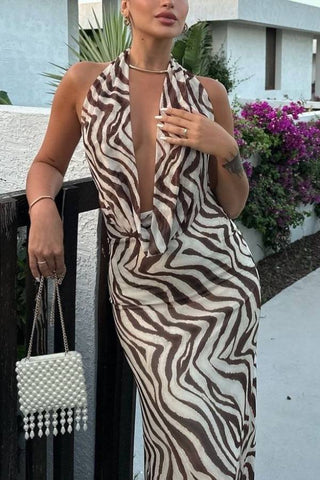 Linen blend animal print neck hanging maxi dress