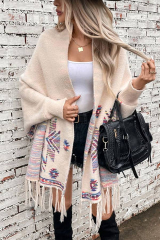 Open Front and Wraps Knit Cape Pop Aztec Geometric Ethnic Style Tassel Design Cardigan