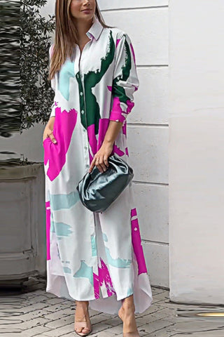 Fashionable casual printed loose slit shirt maxi dress