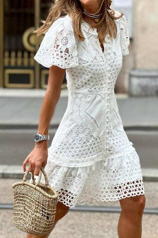 Sweet Lace Puff Sleeve Button Up Mini Dress