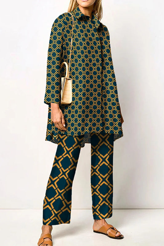 Fashion Geometric Short Sleeve Shirt Two Piece Set