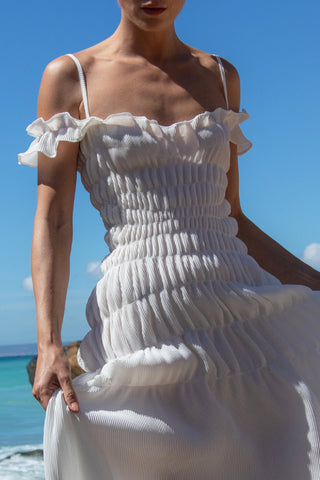 French pleated slim seaside resort style maxi dress