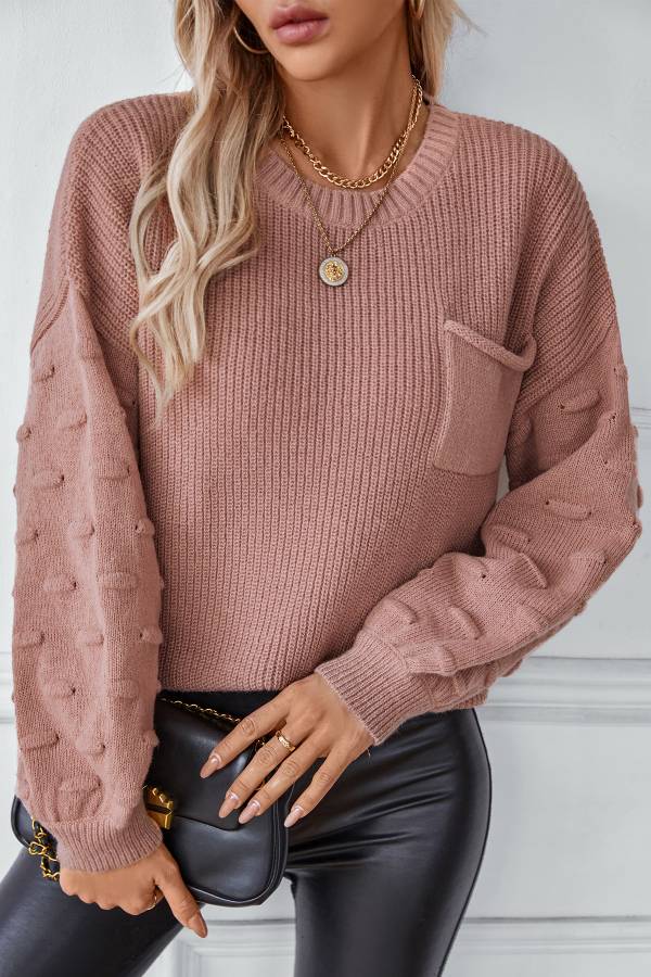 Solid Color Pocket Pullover Knitted Sweater