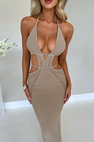 Sexy Knit Crochet Cutout Halter Tie-up Stretch Maxi Dress