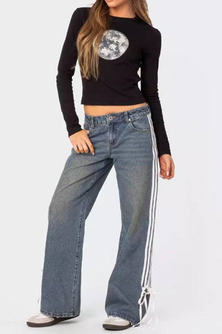 Fashionable loose side zip wide leg women's jeans