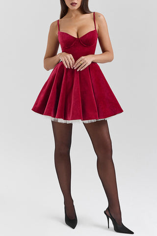 Red Velvet Suspender Mesh Mini Dress