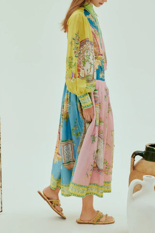 Single-breasted long lantern sleeve graffiti print tie waist midi dress