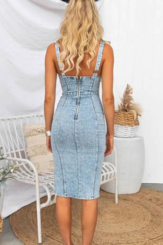 Denim Adjustable Straps Zip-up Firm Stretch Midi Dress