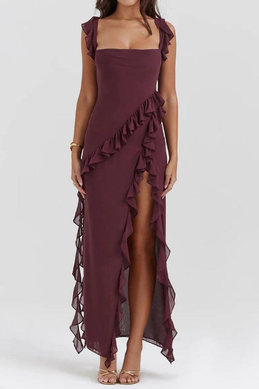 Ruffle hem stitching elegant slit midi dress