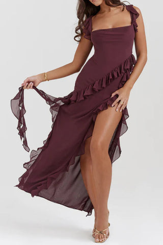 Ruffle hem stitching elegant slit midi dress