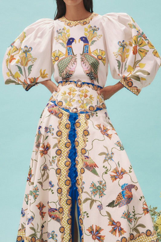 Printed puff-sleeve top and skirt set