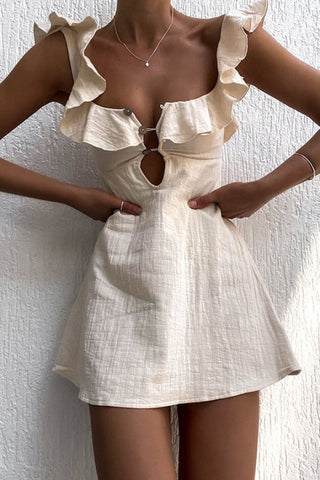 Linen Blend Ruffle Cut Out Resort Mini Dress