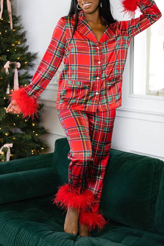 Christmas satin printed casual long sleeved long pants pajama set