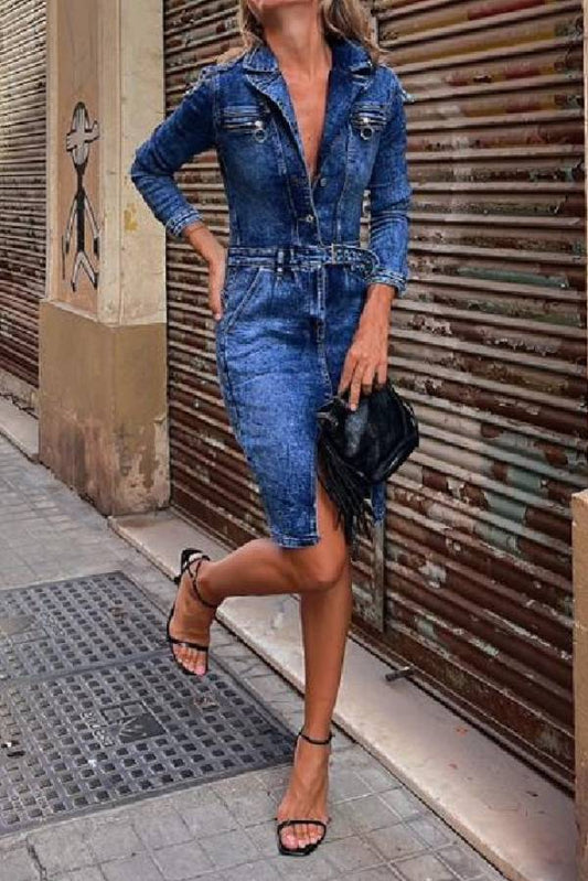 Long sleeved suit collar vintage casual denim midi dress