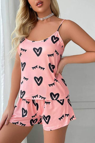 Heart & Eyelash Print Bow Pajama Set