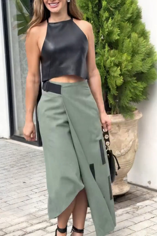 Leather Cropped Top and Midriff-Baring Skirt Two-Piece Set