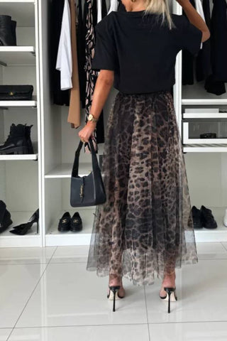 Tulle Leopard Print Elastic Waist A-line Maxi Skirt