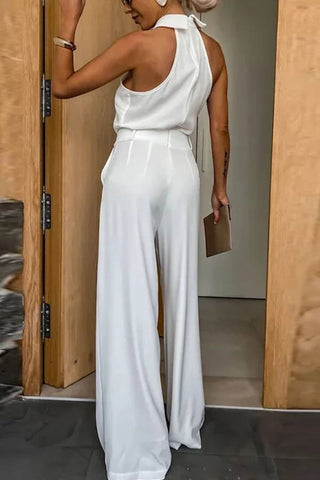 Fashionable Unique Look Halter Shirt Collar Pocketed Wide Leg Jumpsuit