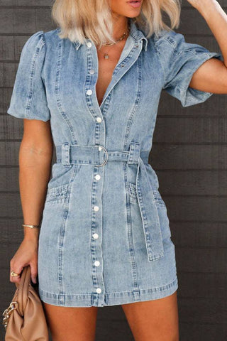 Puff Sleeve Button Up Denim Mini Dress