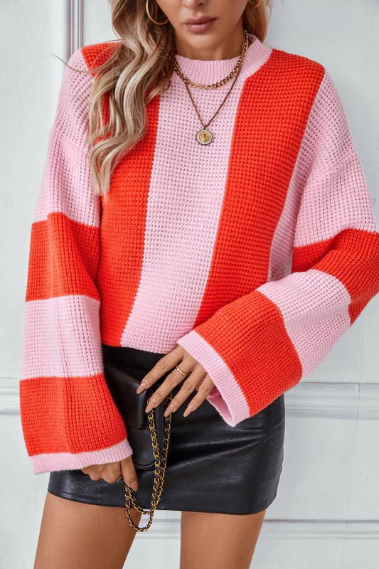 Color Block Round Neck Long Sleeve Sweater