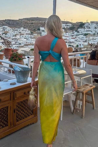 Silk textured diagonal shoulder sexy tie dye maxi dress