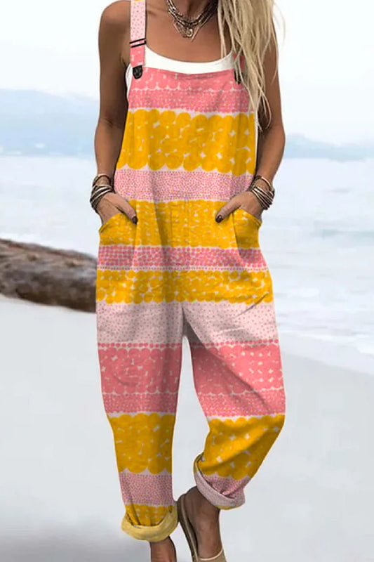 Women's Vintage Abstract Geometric Art Print Casual 100% Cotton Wide Leg Jumpsuit