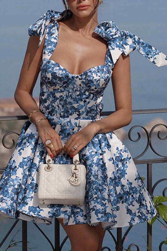 Elegant Printed Lace-Up Mini Dress