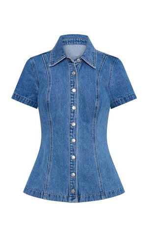 Modern style denim short sleeved button high waisted skirt set