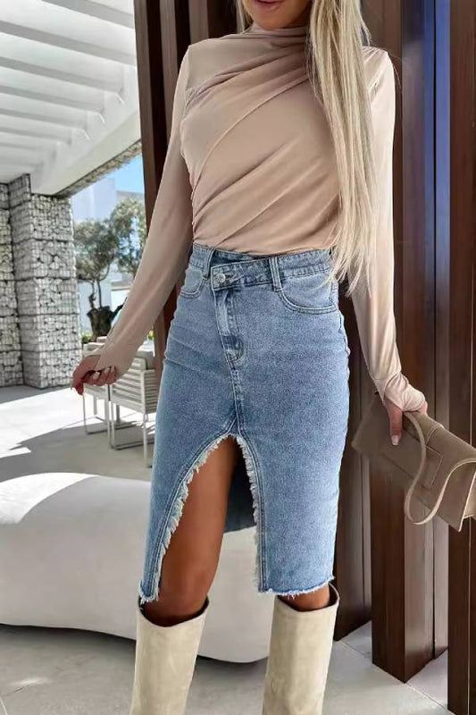 casual slit style solid color denim bag hip skirt