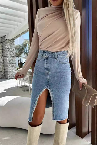 casual slit style solid color denim bag hip skirt