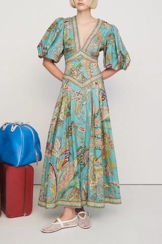 Lantern sleeves V-neck silhouette printed swing resort style maxi dress