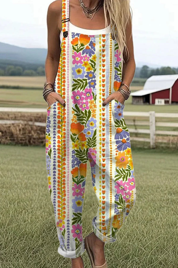 Women's Vintage Flowers Art Print Casual 100% Cotton Wide Leg Jumpsuit