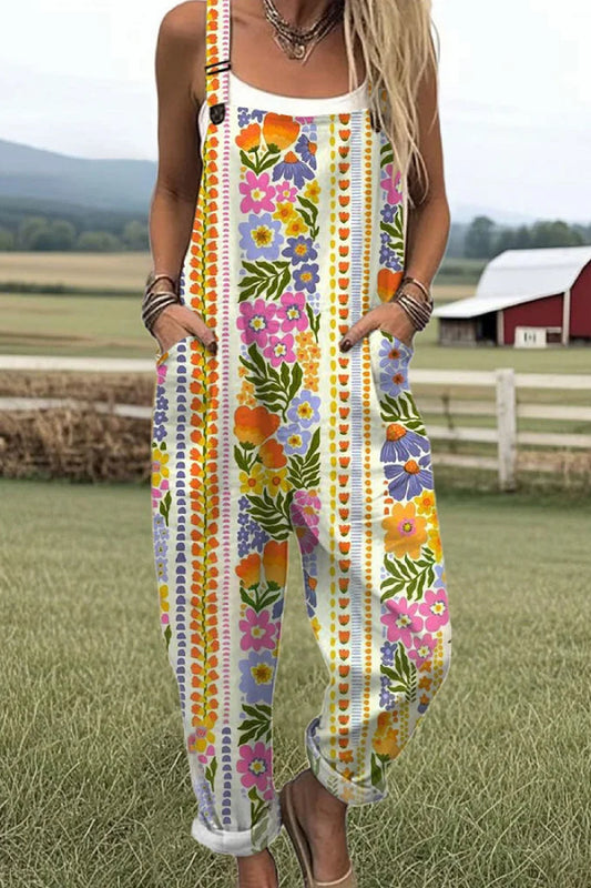 Women's Vintage Flowers Art Print Casual 100% Cotton Wide Leg Jumpsuit