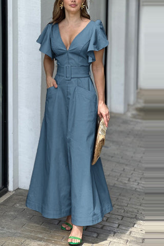 Solid color lotus leaf sleeve long skirt with temperament for commuting and waist cinching maxi dress