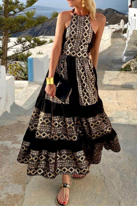 backless Printed Tiered Maxi Dress