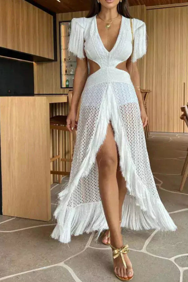 Deep V-neck sexy backless high waisted fringe maxi dress