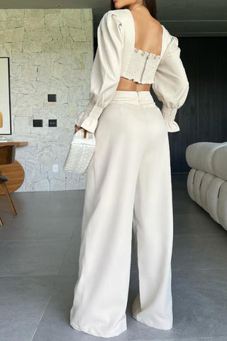 Solid Long Sleeve V-Neck Backless Top and Wide Leg Pants Set