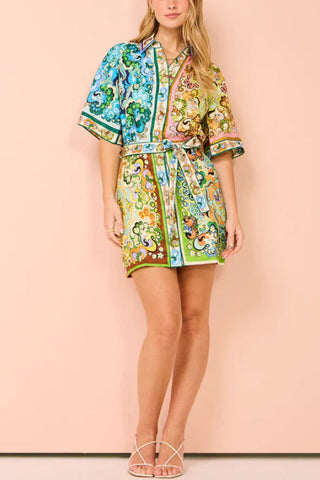 Linen Blend Unique Printed Shirt Style Tie-waist Mini Dress