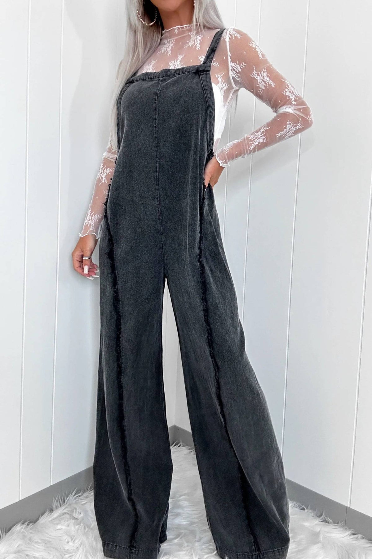 Loose overalls retro washed frayed wide leg jumpsuit