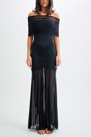 Off-Shoulder Mesh Wrap Sleeve Maxi Dress