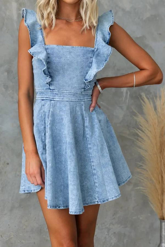 Fashionable and casual flying sleeves backless denim mini dress