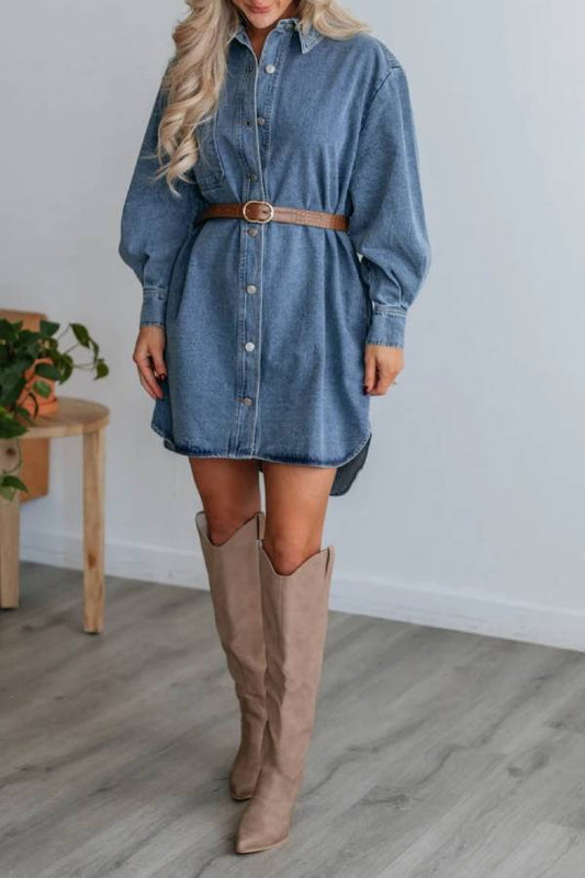 casual button long sleeved denim mini dress