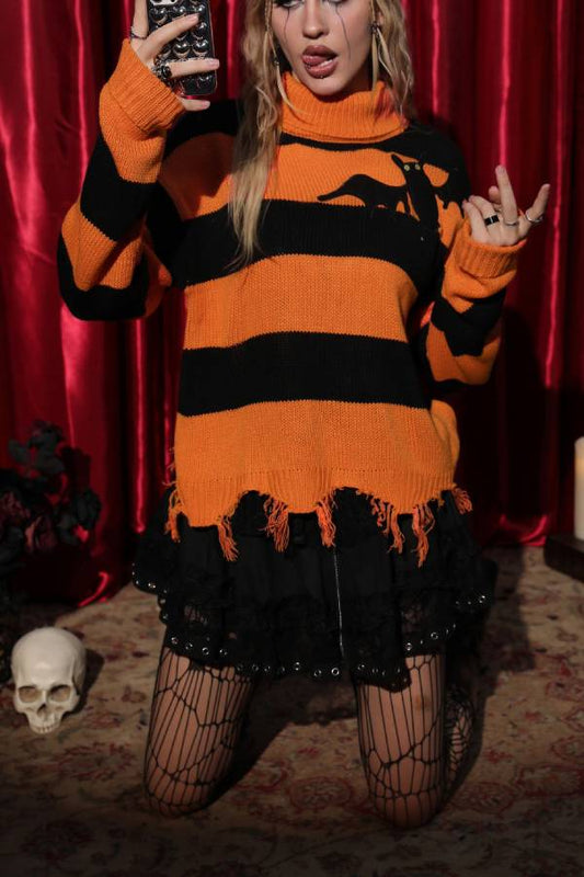 Halloween Outfits Bat Stripe Graphics Ripped Irregular Fall Winter Jumpers