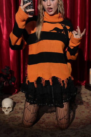 Halloween Outfits Bat Stripe Graphics Ripped Irregular Fall Winter Jumpers